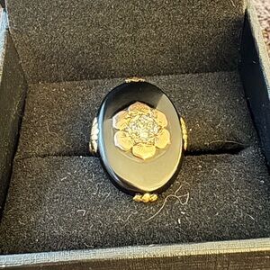 Vintage Custom Black Onyx, Diamond, and Gold Floral Ring